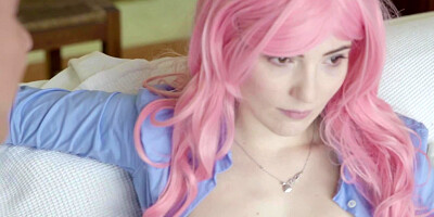 Pink haired teenage darling pleasing her handsome boyfriend