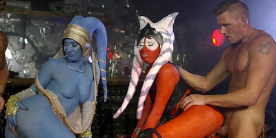 Crazy cosplay fivesome with two dudes and three chicks