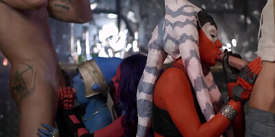 Crazy cosplay fivesome with two dudes and three chicks