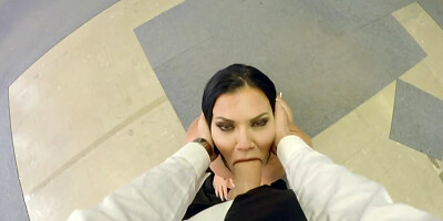 Busty brunette is giving great blowjob to this lucky cameraman