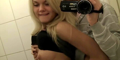 Toilet sex of naughty female and hairy guy ends with cum in mouth