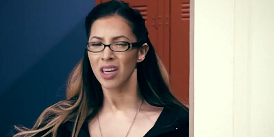 Lustful porn teacher bangs his dark haired student in the classroom