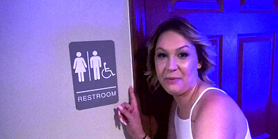 Bitch goes to public toilet and gets on her knees for sucking