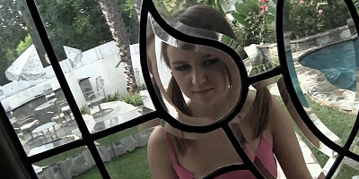 A horny all natural woman with small tits is swallowing all the cum