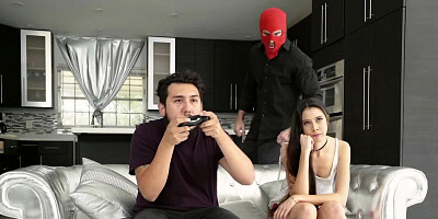 Bored girlfriend gladly fucks the burglar with her BF in the room