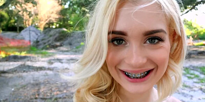 Cute blonde is licking and sucking big boner in the open air