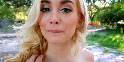 Cute blonde is licking and sucking big boner in the open air