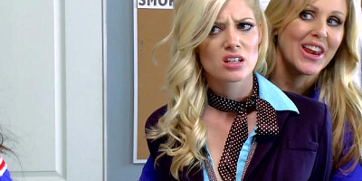 Hot and Mean - European Julia Ann in skirt threesome in office