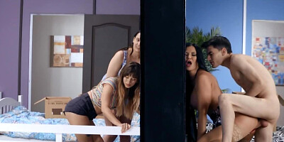 Brunette diva with huge boobs takes control of stepson's cock