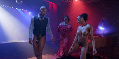 Chocolate girls spread their legs for the stripper in stage