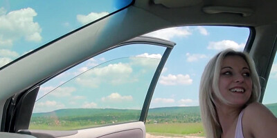 Petite hitchhiking blonde Katy Rose sucking a mean pecker in the car