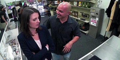 Sexy amateur wife gets saved in a pawn shop when her husband is annoying