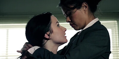 Rich bitch with black hair moans and enjoys secretary's tongue