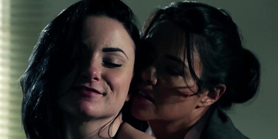 Rich bitch with black hair moans and enjoys secretary's tongue