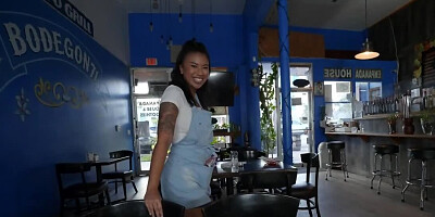 Waitress Ameena Greene getting sneakily fucked in POV