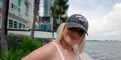 Adorable blonde sucks girthy cock and gets fucked on the hood