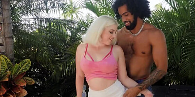 Splendid blonde jumps up and down on that big black cock