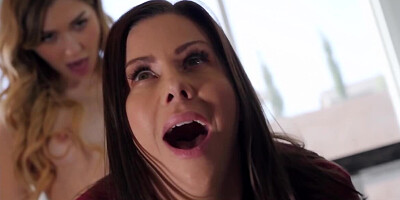 Girl takes strapon to drill busty stepmom's pussy in the kitchen