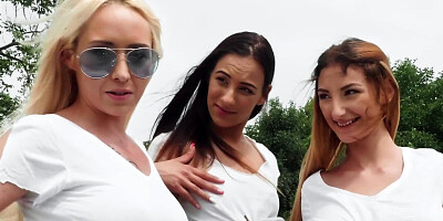 Three petite girlfriends have outdoor orgy with two fellows