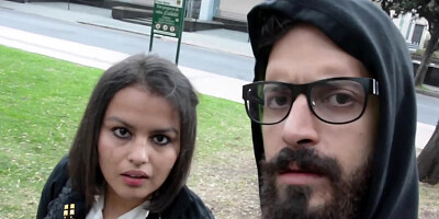 Lorena Medina kneels before Erik Logan and blows him