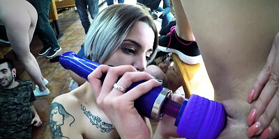 A crowd of Spanish sluts fuck like hell at a strap-on party
