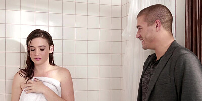 A blonde gets kissed and fucked after she showers in the bathroom
