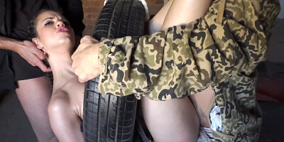 Busty brunette babe ravaged by two perverted men