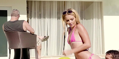 Grounded teen fucks hung pool boy behind father's back