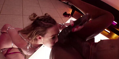 White harlot gives the black man a full oral treatment before sex