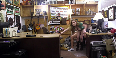 Blonde sucks and rides a hard cock in the pawn shop