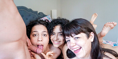 A horny cowboy fucks three lovely brunettes in this 3some