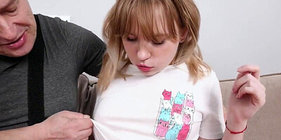 Tiny tis girl is going to fuck a gross old man for the cam