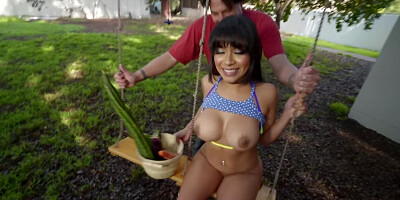 White man copulates with curvy Latina babe on the swing