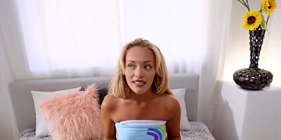 Blonde charmer gags on the dick and rides it in POV