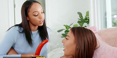 Cute lezzies fuck each other using big red dildo