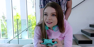 Naughty minx banged by stepbro while playing videogame