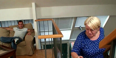 Tubby granny easily seduces a guy with her helpless curves