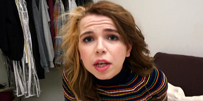 Petite teenie flashes her tits and slobbers on a huge dick