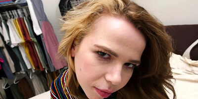 Petite teenie flashes her tits and slobbers on a huge dick