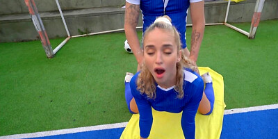 Soccer blonde takes coach's giant schlong up her juicy muff