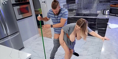 Bearded lecher fucks girlfriend's busty stepsister in the kitchen