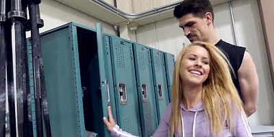 Hot blonde blows and fucks coach in the gym after dildo