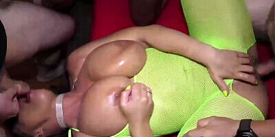 Oiled busty milf rough group fucked