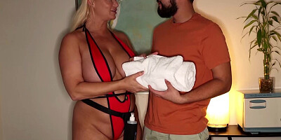 MILF with massive knockers gives a massage and a BJ