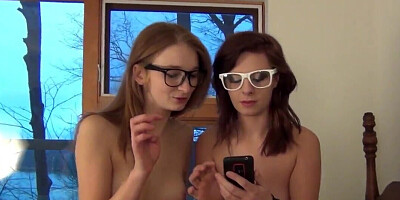 Nerdy girls strip naked and play with sex toys