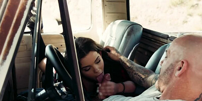 Chubby brunette is fucking horny trucker in the yard