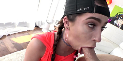 Pig-tailed sassy nymph anxiously gobbles thick dong