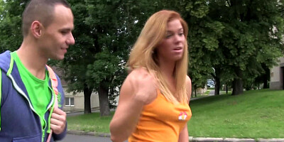 Ginger is ready for sex in mysterious place with her new pal