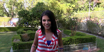 Babe teases her shaved pussy and cums on the floor