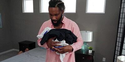 Big-tittied girl makes boyfriend leave the bedroom and has sex